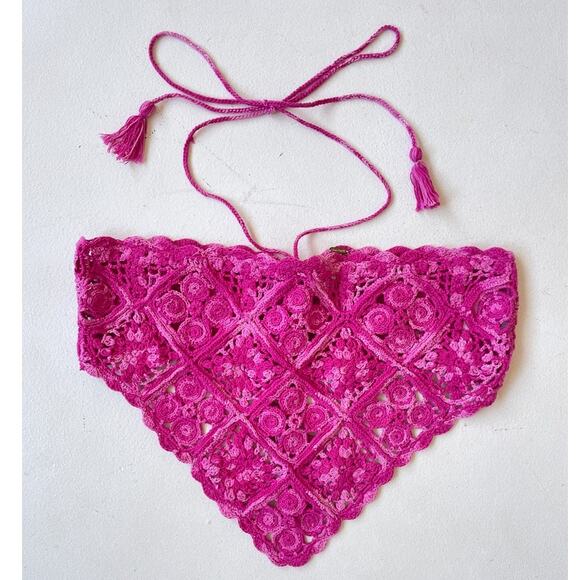 Free People Hot Pink Crochet Bandana Halter Size M Boho Retro Hippie Retro - Picture 1 of 7